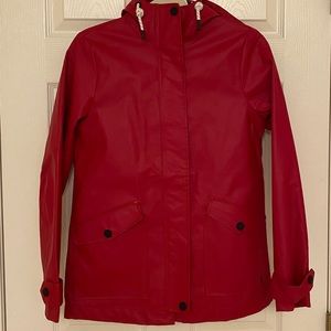 Joules Womans red raincoat with hood, lined with navy and white stripes. US 2.